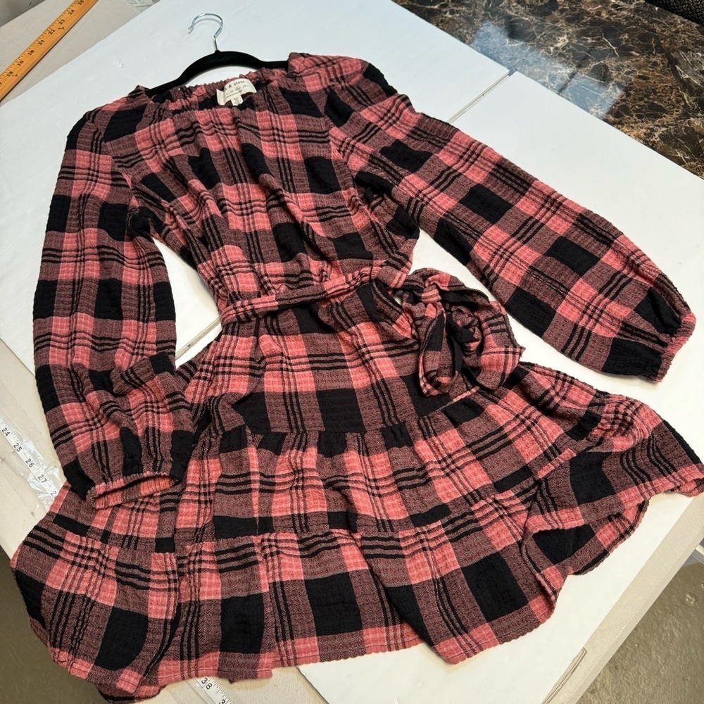 Anthropologie Cloth&Stone Plaid Daia Belted Tier Mini Dress Raglan Long Sleeves - Picture 13 of 16